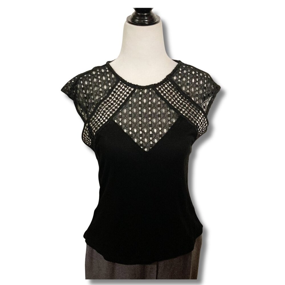 H&M Black geometric lace adorned black short-sleeve top ~ Goth XS SMALL shirt - Picture 3 of 12